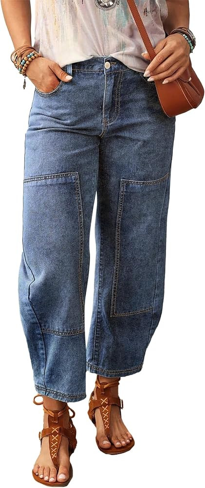 SHEWIN Women's Washed High Rise Barrel Jeans Elastic Waist Cropped Tapered Balloon Denim Ankle Pa... | Amazon (US)