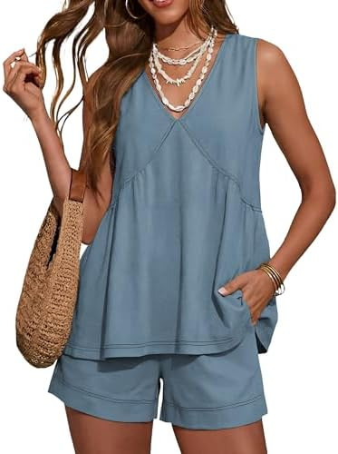 Hooever Women's 2 Piece Outfits Sleeveless V Neck Ruffle Sets Summer Contrast Stitching Tunic Top... | Amazon (US)