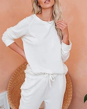 Fessceruna Womens Pajama Sets Long Sleeve Round Neck Top and Pants Loungewear Casual Loose Solid ... | Amazon (US)