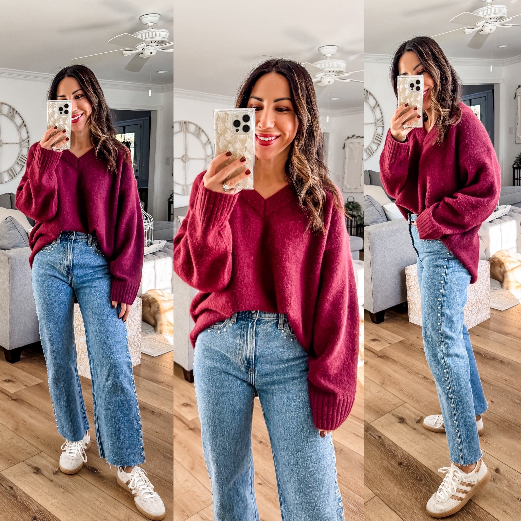 Code CYBERAF. small V-neck sweater, 25 short studded  jeans. I cut them.

#LTKCyberWeek #LTKOver40 #LTKSaleAlert