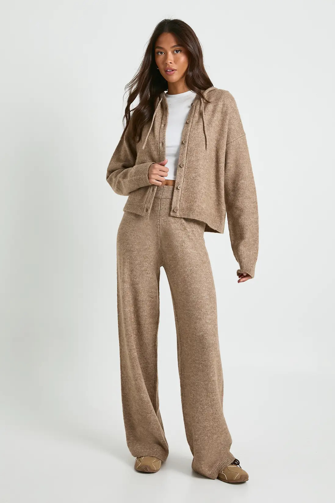 Taupe Knitted Oversized  Button Through Hoody and Wide Leg Trouser | Boohoo | Boohoo.com (UK & IE)