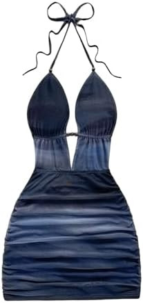 GORGLITTER Women's Tie Dye Beaded Halter Dress Tie Backless Ruched Bodycon Mini Dresses | Amazon (US)