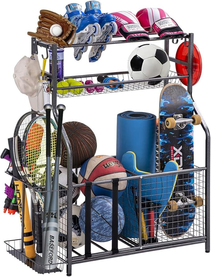 Garage Sports Equipment Storage Organizer with Baskets and Hooks - Easy to Assemble - Sports Ball... | Amazon (US)