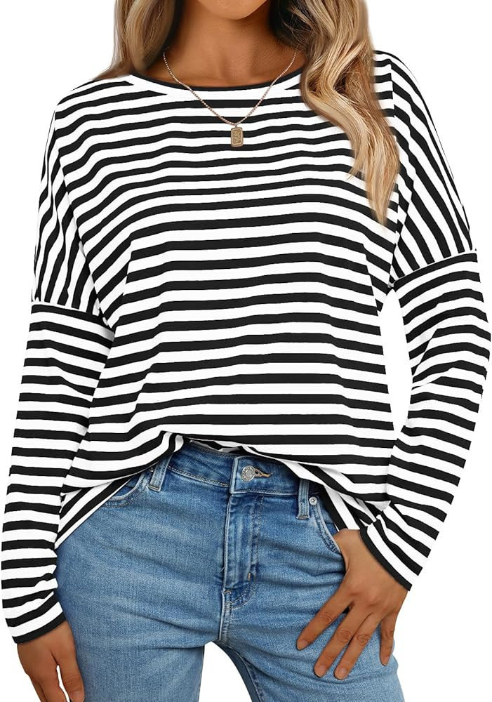 AUTOMET Womens Oversized Striped Long Sleeve Crew Neck Casual Shirts Basic Tops | Amazon (US)