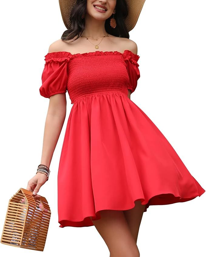 Byinns Womens Square Neck Tie Back Ruffle Off Shoulder Dress Summer Smocked Flowy A-Line Casual M... | Amazon (US)