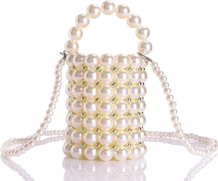 YUSHINY Beaded Handbag for Women White Pearl Decoration Evening Bags with Detachable Chain Inner ... | Amazon (US)