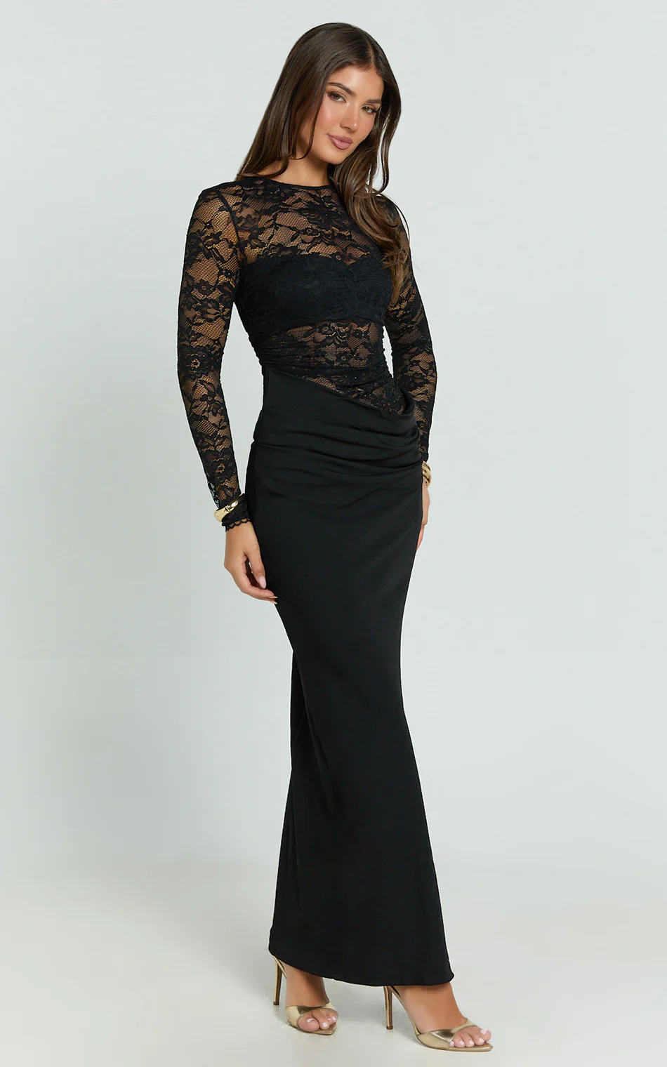 Crisanta Maxi Dress - Long Sleeve Contrast Lace Bodycon Dress in Black | Showpo (US, UK & Europe)