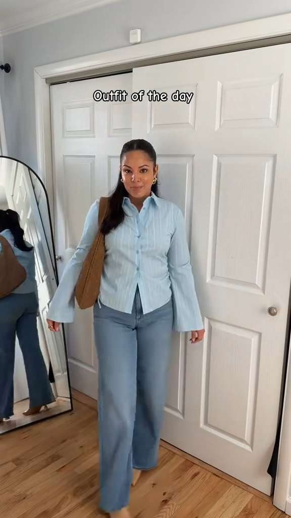 What i wore today to my kids school, High-Rise Wide Leg Jeans - Universal Thread™ Medium Wash 8 Slim Fit Bell Long Sleeve Collared Button-Down Shirt - Wild Fable suede amazin woven bag 

 #LTKgrwm #LTKootd #LTKmomlife