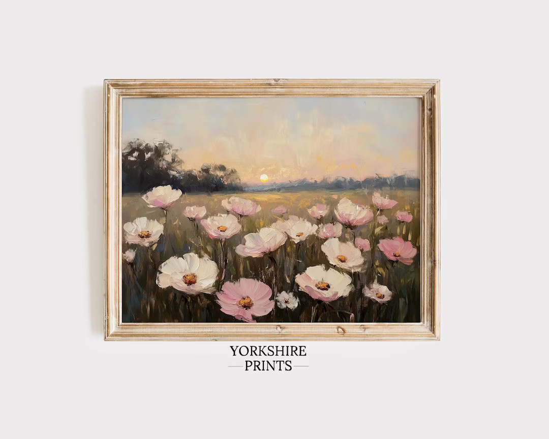 Pastel Pink Floral Print | Vintage Wildflower Art, Spring Landscape Printable, Nursery Wall Art, ... | Etsy (US)