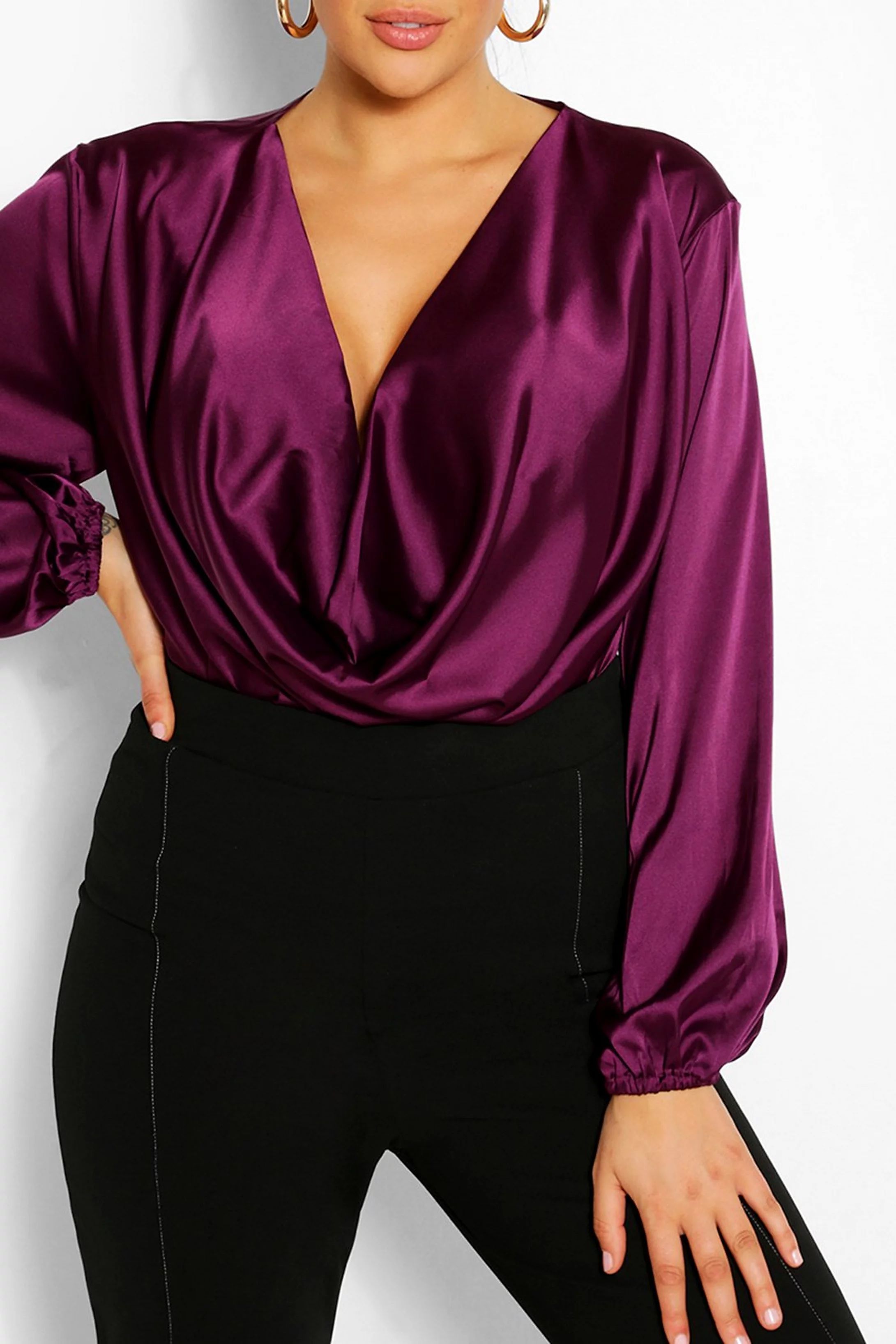 Plus Satin Cowl Long Sleeve Blouse | Boohoo.com (US & CA)