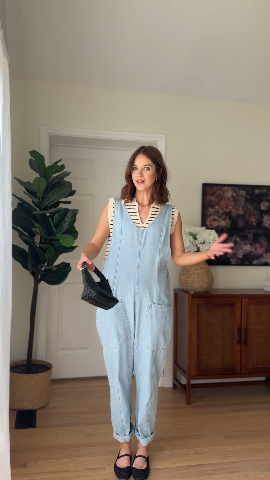 Stripe sweater : wearing s
Denim jumpsuit : wearing a
Black purse 
Black flats 

Summer outfit // mom style // casual outfit idea 

#LTKStyleTip #LTKSeasonal #LTKFindsUnder100