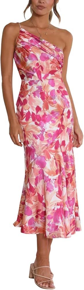 Vrtige Women's Satin Floral Print One Shoulder Ruched Sleeveless Mermaid Hem Midi Dresses Rose Sm... | Amazon (US)