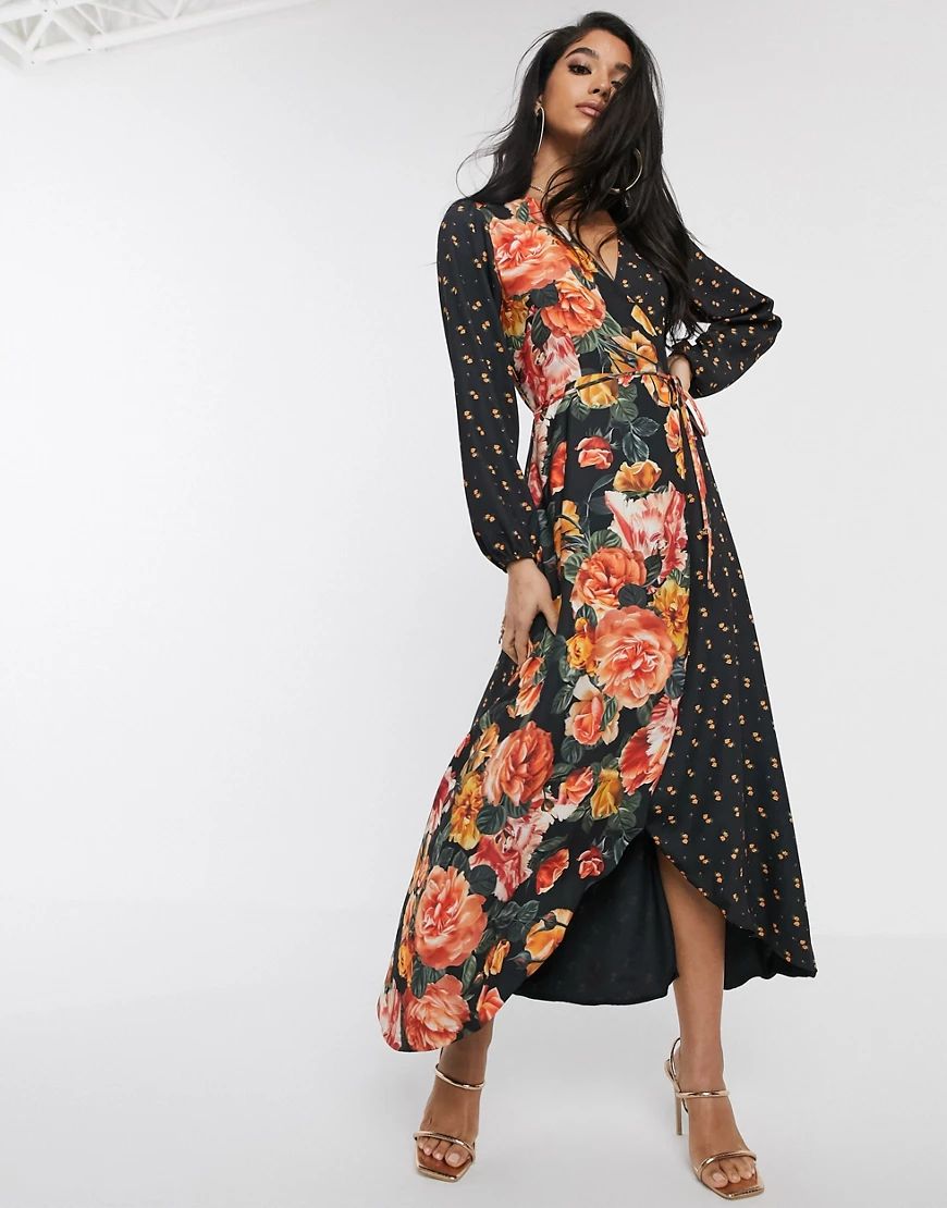 Style Cheat wrap front contrast floral maxi dress in multi floral-Green | ASOS (Global)