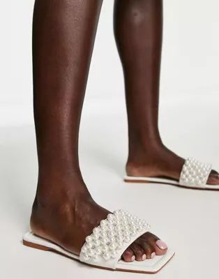 Truffle Collection pearl embellished bridal sliders in white | ASOS (Global)