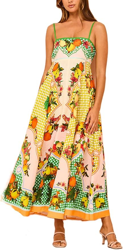 KMBANGI Women Spaghetti Strap Graffiti Maxi Dress Colorful Graphic A Line Swing Long Cami Dress B... | Amazon (US)