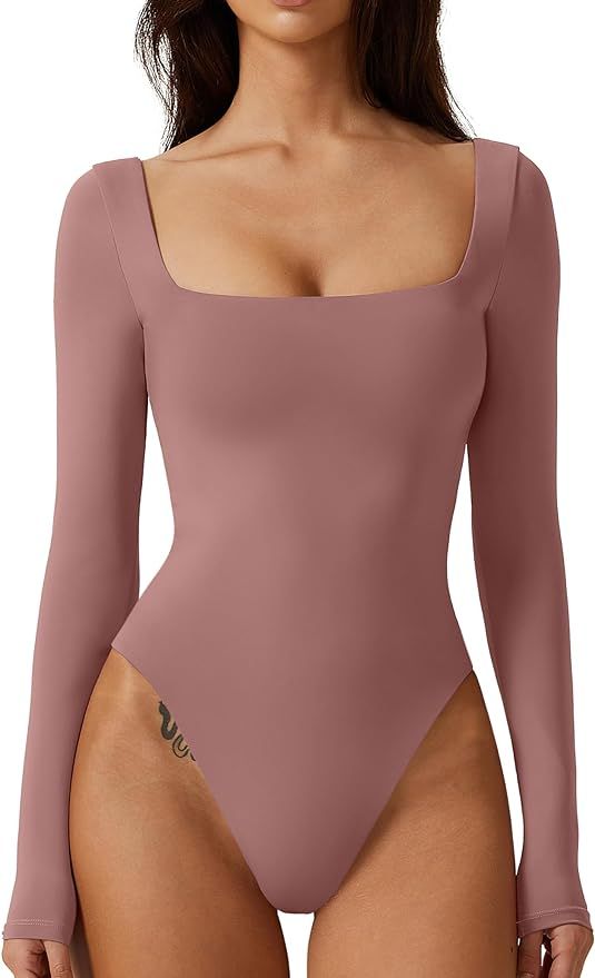 QINSEN Bodysuit Tops for Women Square Neck Long Sleeve Double Lined T-shirt | Amazon (US)