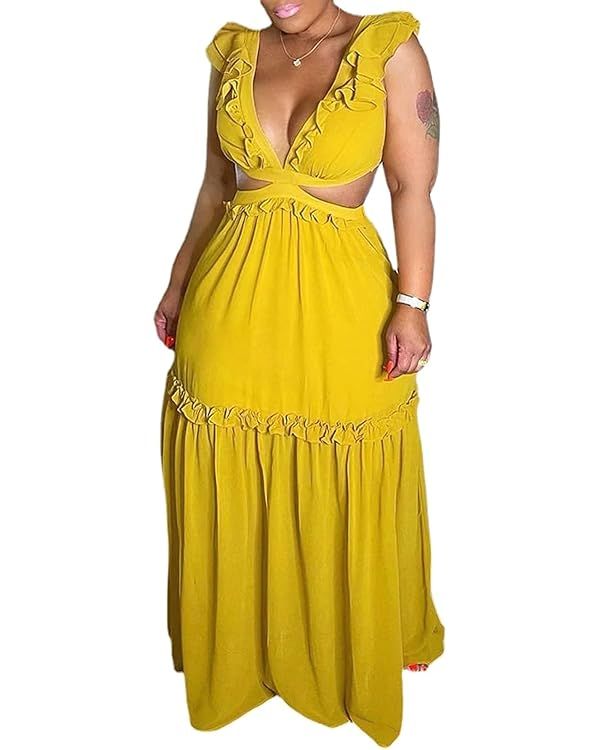 Aro Lora Womens Summer Sexy Deep V Neck Ruffle Sleeveless Criss Cross Back Cut Out Flowy Maxi Dre... | Amazon (US)