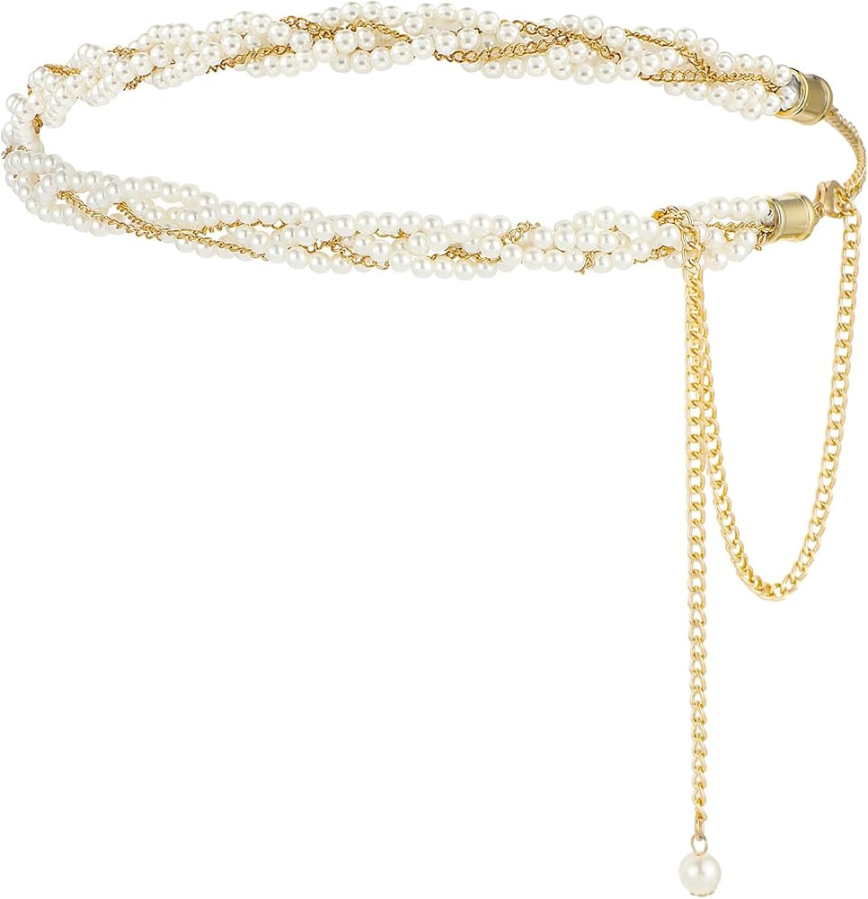 Pearl Waist Chain Belt for Women, Adjustable Metal Waist Chain Waist Long Belts for Jean Pants Dr... | Amazon (US)