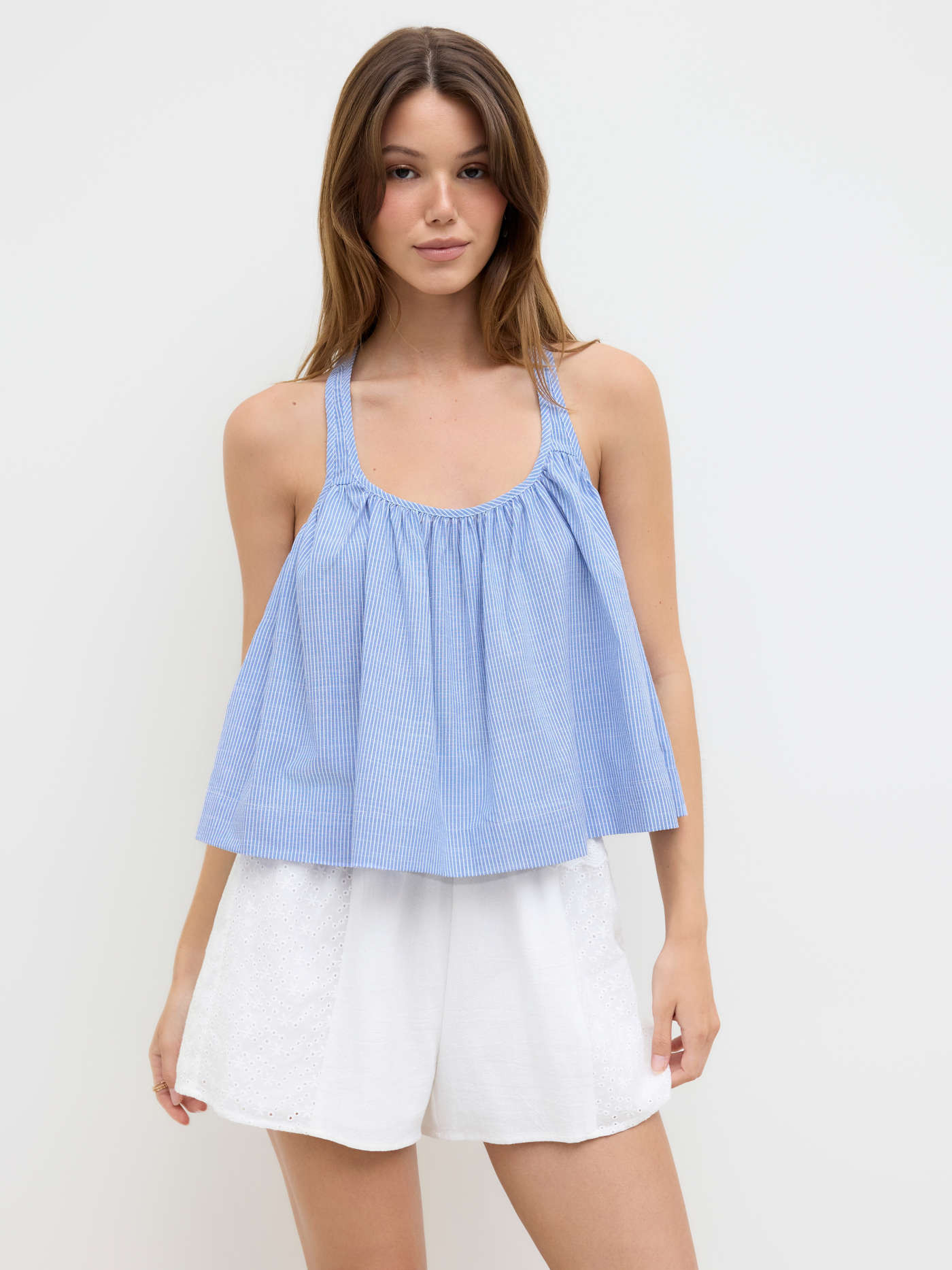 Cotton-blend Stripe Ruched Criss Cross Cami Top | Cider