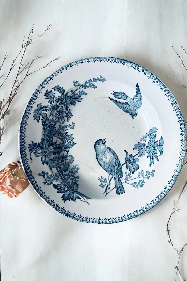 Antique French Blue Bird Plate: Mesange Longwy | Etsy (Global)