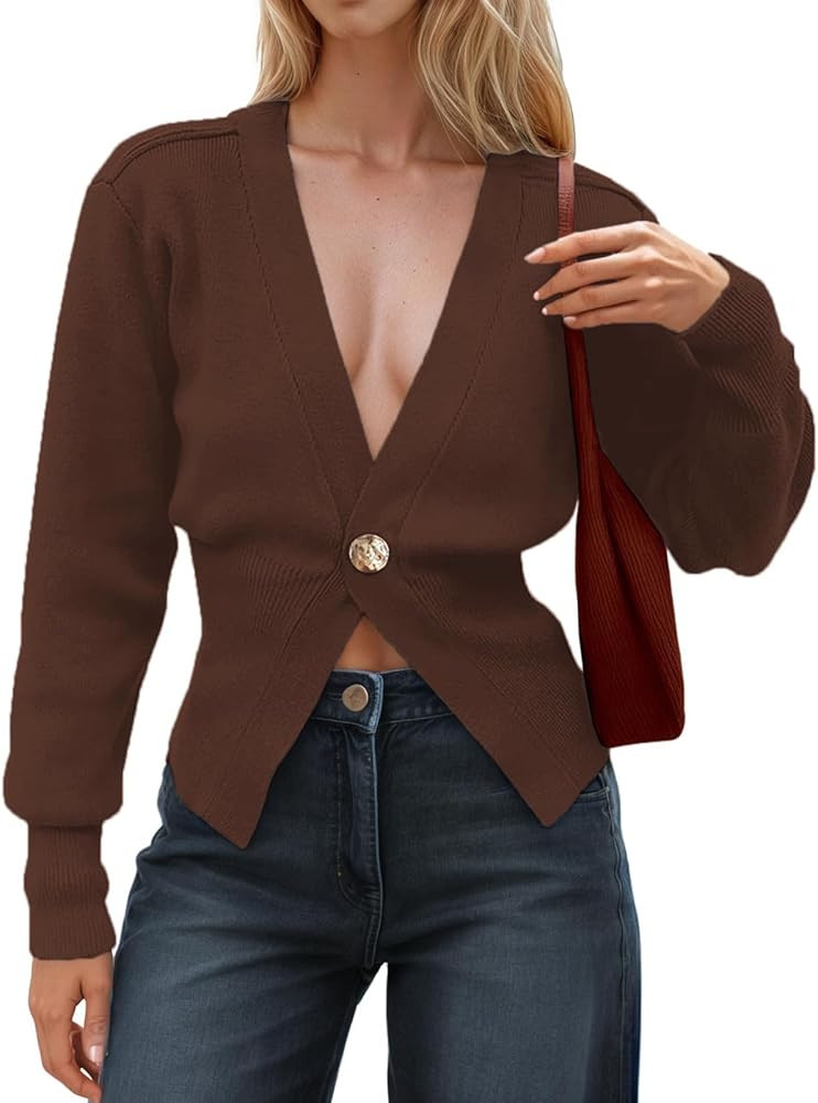 JJAI Cardigan for Women V Neck Cropped Knit Fall Sweaters Long Sleeve Button Casual Going Out Top... | Amazon (CA)