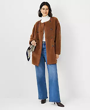 Faux Leather Trim Sherpa Coat | Ann Taylor (US)