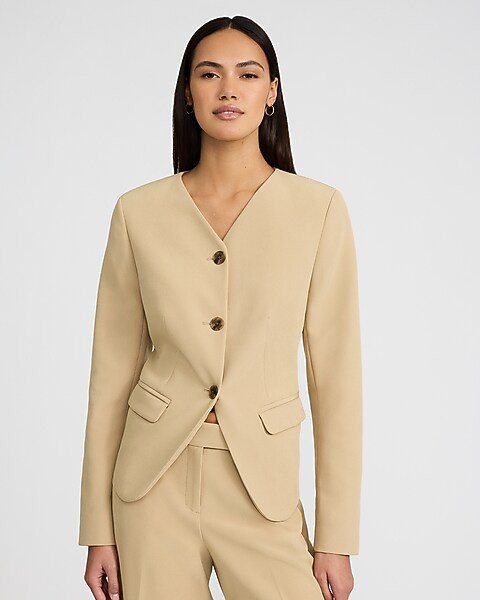 Signature Stretch Fitted V-Neck Collarless Cutaway Blazer | Express