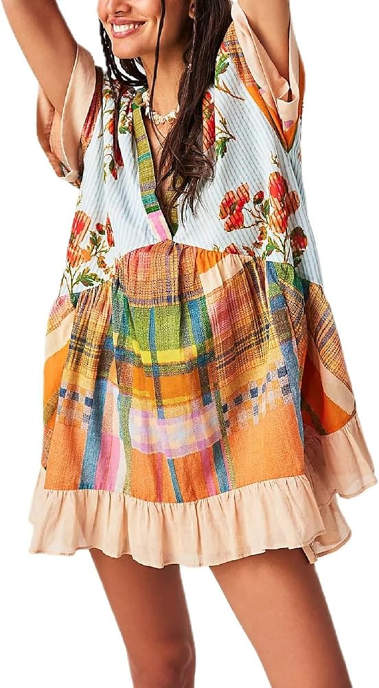 Women Bohemian Floral Mini Dress Boho Puff Sleeve V Neck Dress 2024 Summer Beach Short Dress | Amazon (US)
