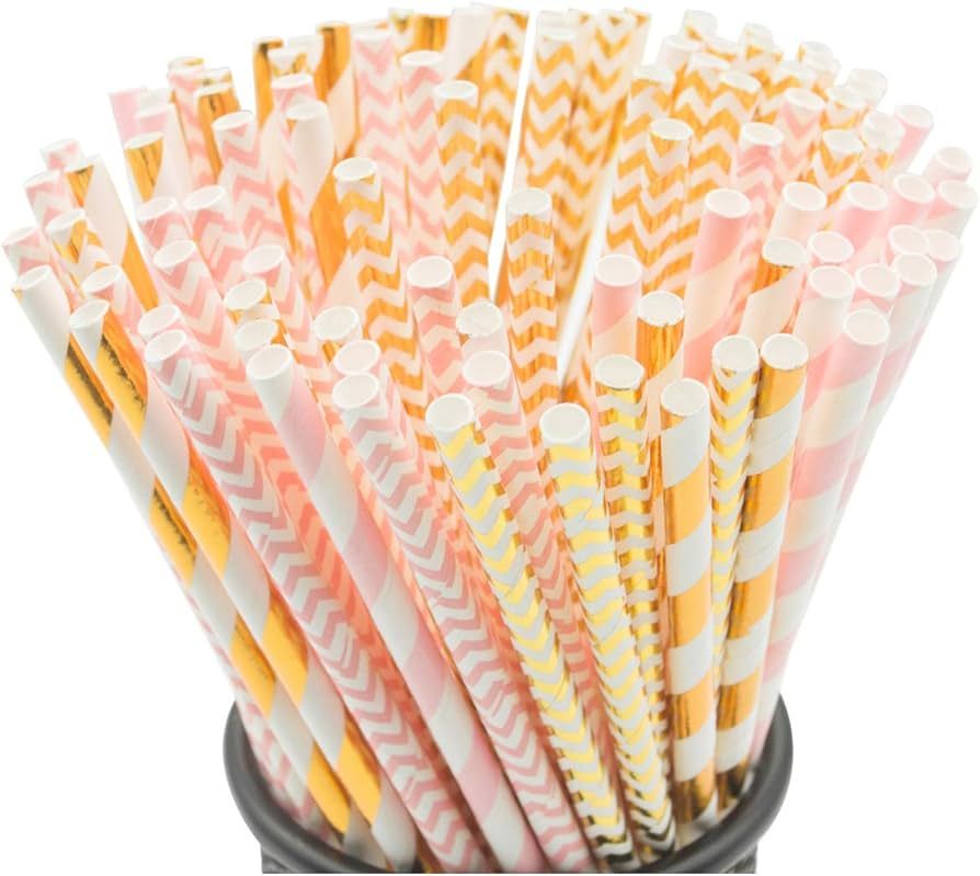 KTOJOY Biodegradable Paper Straws, 100 Pink Straws/Gold Straws for Party Supplies, Birthday, Wedd... | Amazon (US)