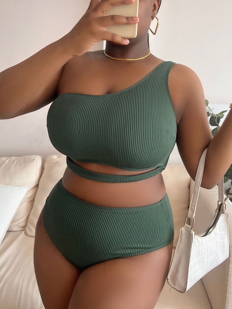 Plus Rib Cut-out One Shoulder Bikini Swimsuit | SHEIN