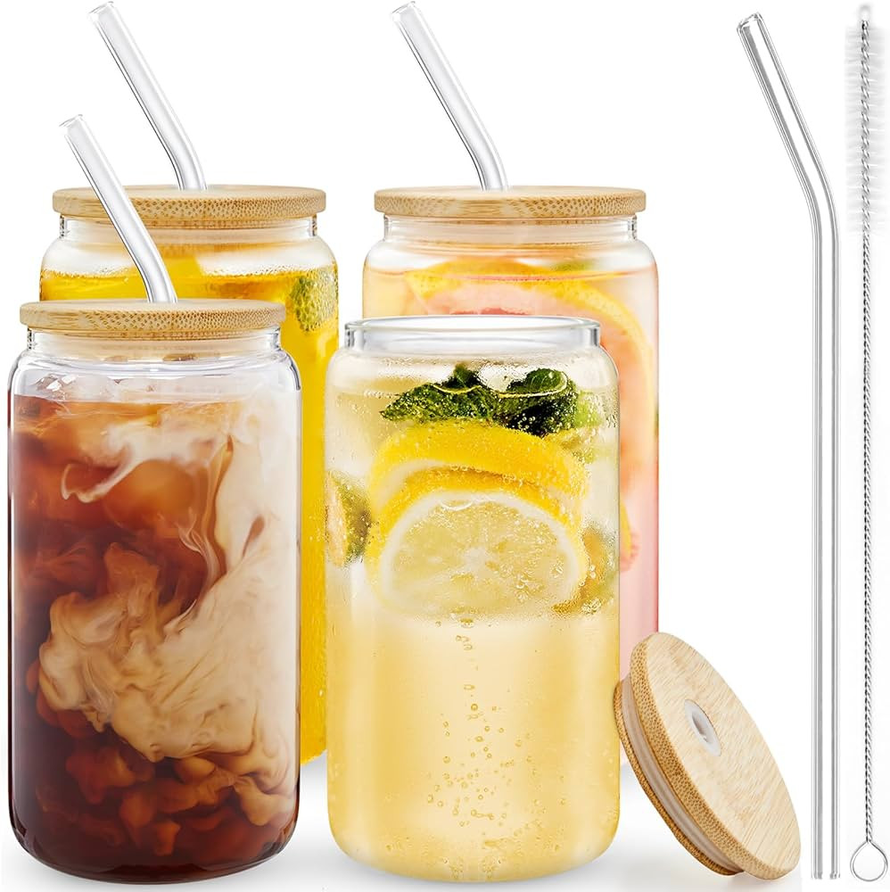 4pcs Glass Cups with Lids and Straws, 16OZ Beer Can Shaped Drinking Glasses Set, Iced Coffee Cup,... | Amazon (US)