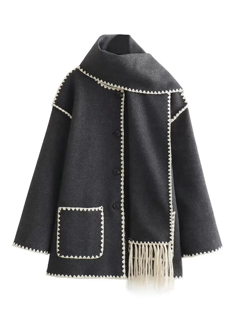 Women'S Fall Winter Fashion Long-Sleeved Scarf Collar Tassel Scarf Decoration Splicing French Woo... | Walmart (US)