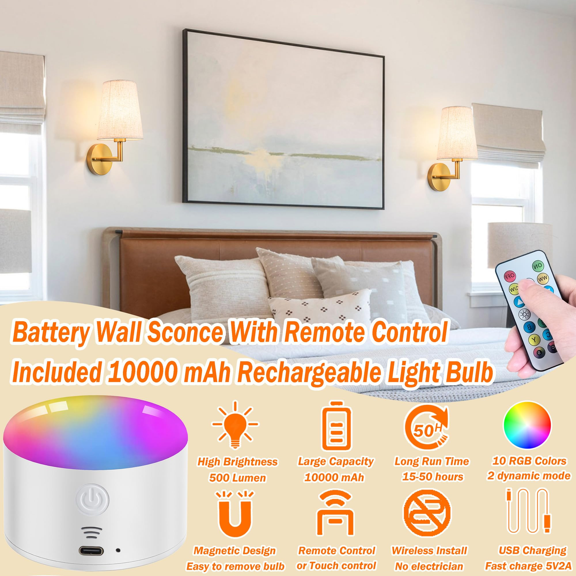 Wall Sconce Battery Operated Wall Light Fixure with Remote Control, Dimmable Battery Operated Wal... | Amazon (US)