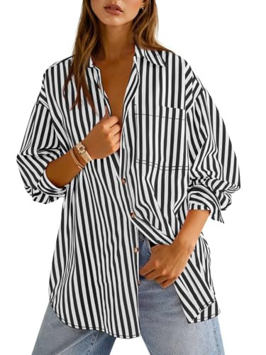 Cicy Bell Womens Oversized Striped Button Down Shirts Boyfriend Long Sleeve Collared Work Blouses Black | Amazon (US)