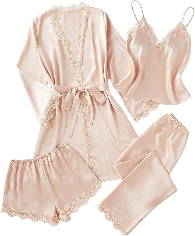 SweatyRocks Women's Silk Pajamas Set 4pcs with Robe Lace Trim Shorts Lounge Sets Pants Sleepwear | Amazon (US)