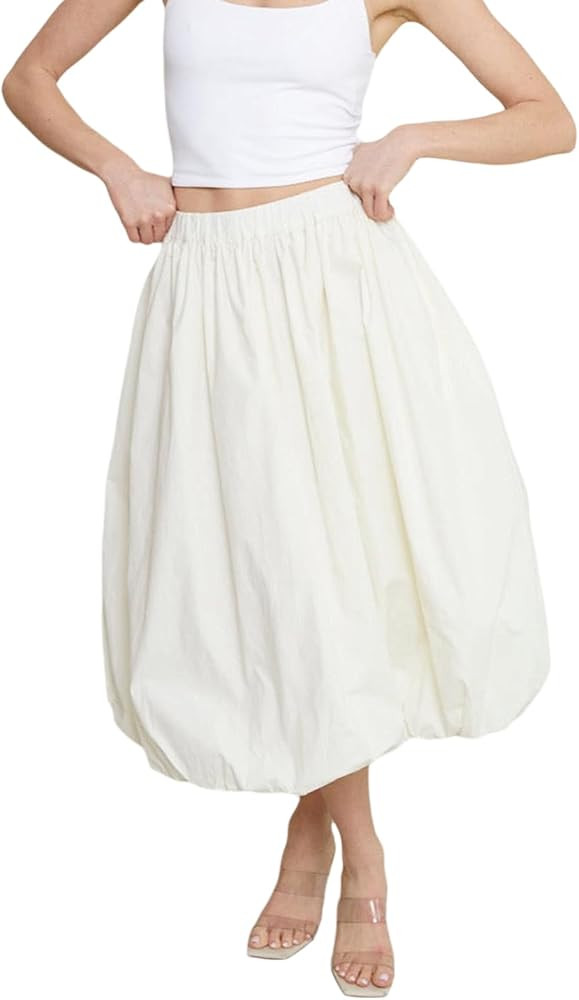SOLILOQUY Women Bubble Midi Skirt Y2K Elastic Waist Pleated A-Line Solid Puff Long Skirt with Poc... | Amazon (US)