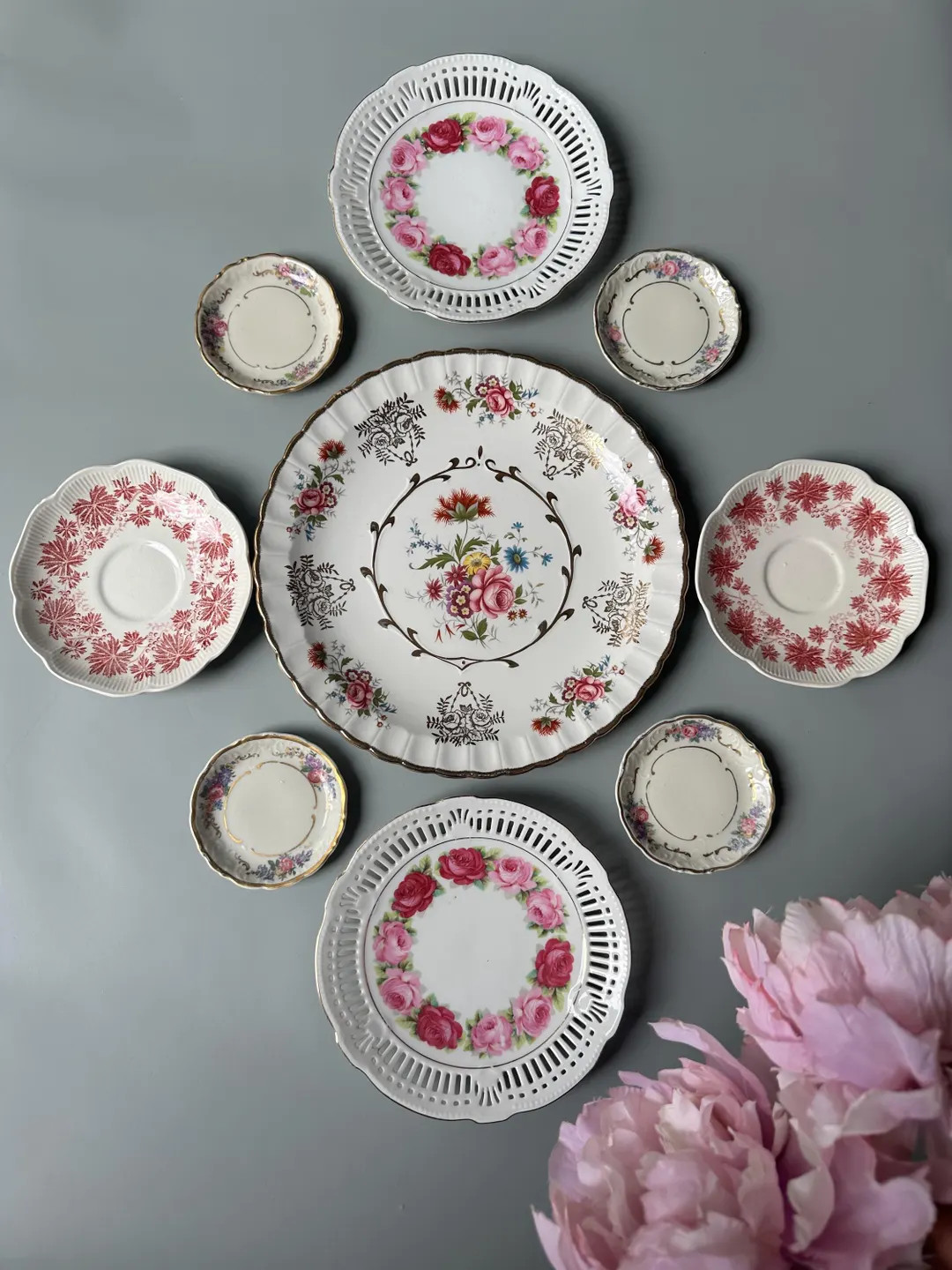 Set of 9 vintage porcelain plates, mismatched floral pattern. Home decor wall display. Colorful v... | Etsy (US)