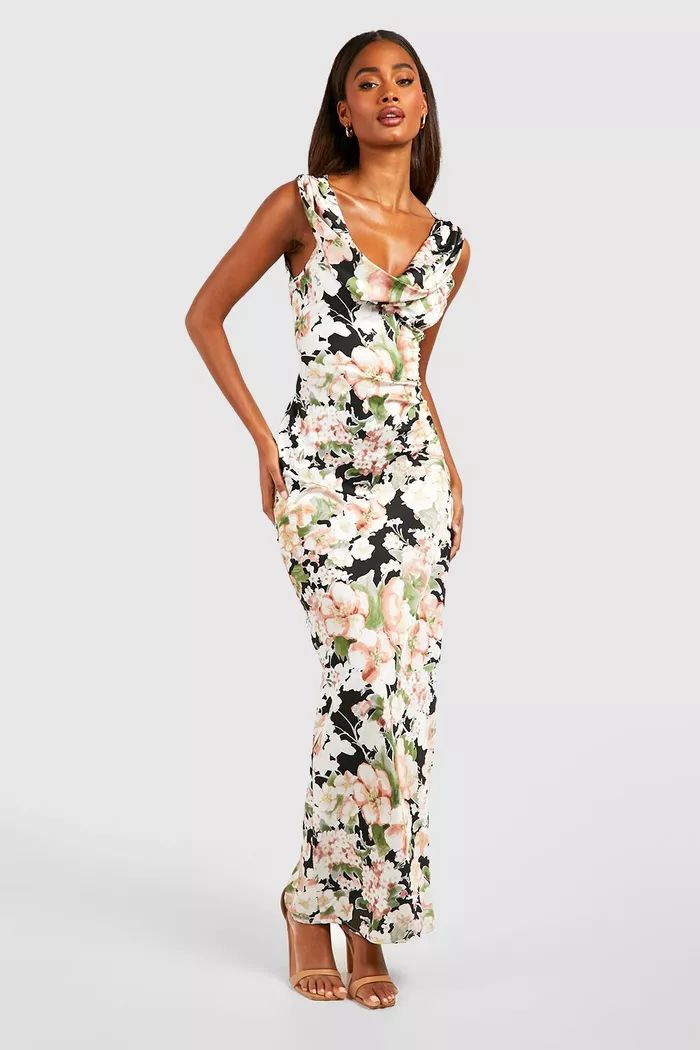 Floral Print Cowl Neck Occasion Dress | Boohoo.com (UK & IE)