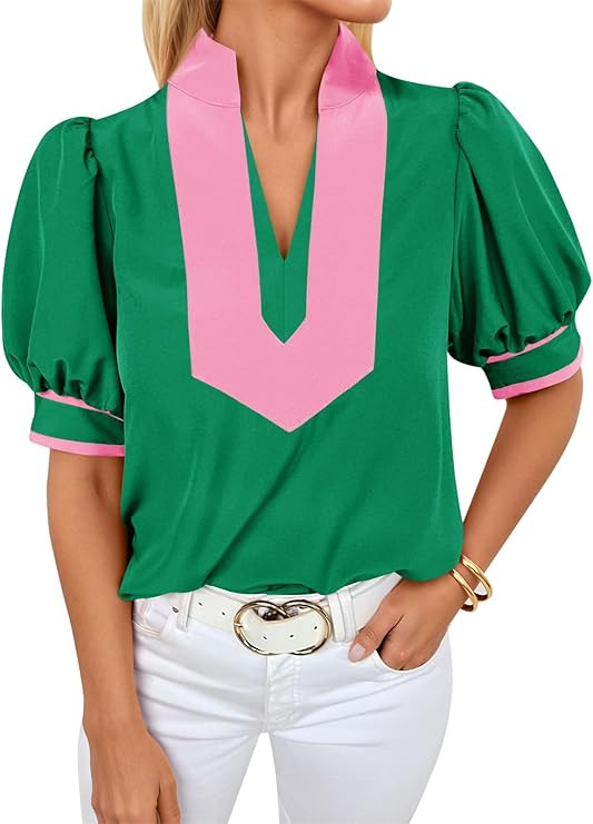 Cicy Bell Womens Color Blcok Puff Sleeve Blouses Summer Casual Dressy V Neck Tops Loose Fit Tee S... | Amazon (US)