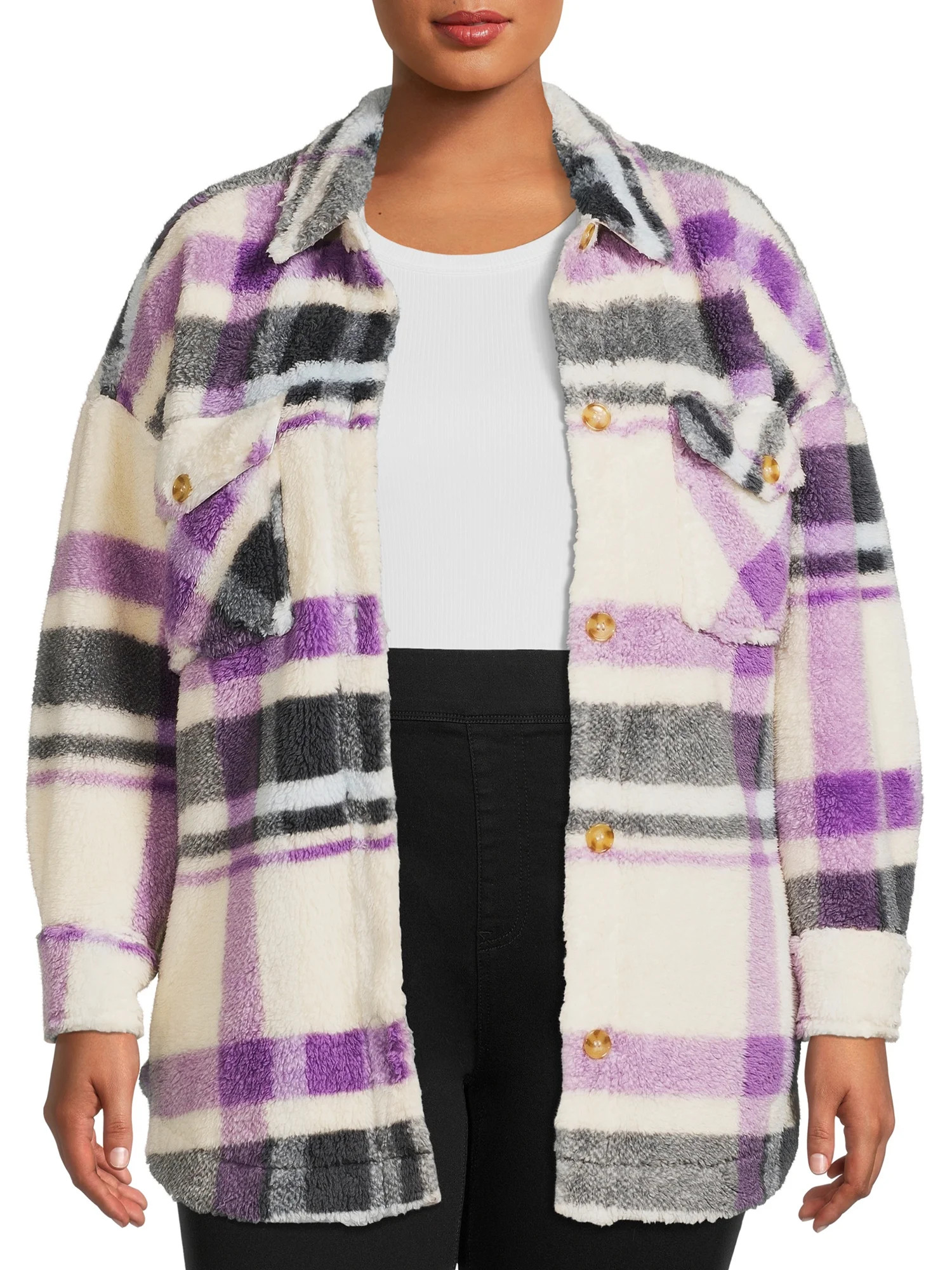 Terra & Sky's Women's Plus Size Long Sleeve Oversized Faux Sherpa Fleece Shacket - Walmart.com | Walmart (US)