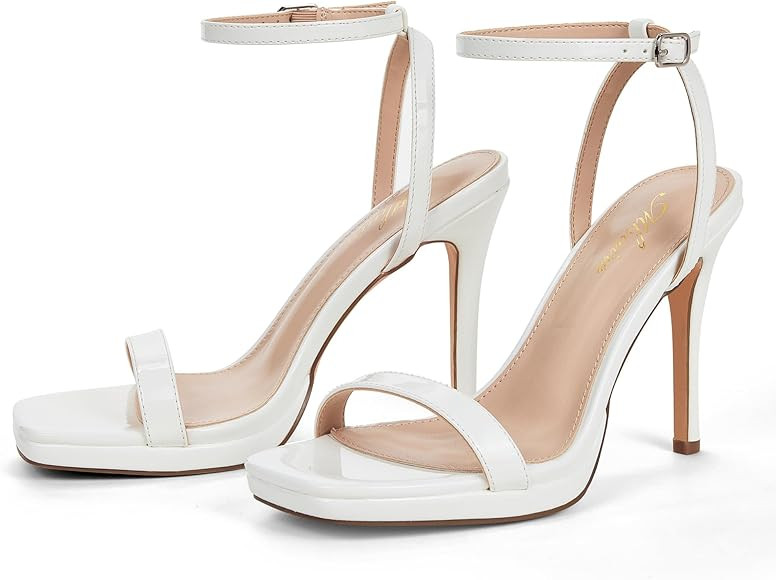 Women’s Stiletto Strappy Heeled Sandals, 4.3 Inch Square Open Toe Sexy High Heels Ankle Strap B... | Amazon (US)