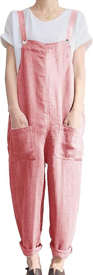 KMAZN Women's Casual Loose Long Cotton Bib Overalls Baggy Plus Size Jumpsuits Rompers | Amazon (US)