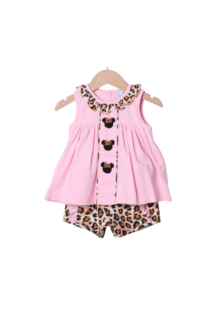 French Knot Pink Mouse Leopard Short Set | The Smocked Flamingo