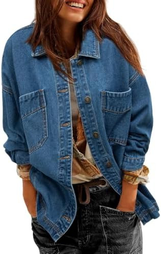 Sidefeel Women's Jean Jacket Oversized Boyfriend Button Up Long Sleeve Split Zimbaplatinum Denim ... | Amazon (US)