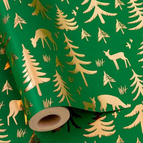 Yarcony Christmas Wrapping Paper Roll, Green Gift Wrapping Paper, Recycled Festive Gold Foil Reindeer, Winter Tree Theme Thick Kraft Christmas Gift Wrap for Winter Celebration (17 Inch X 33 Feet) | Amazon (US)