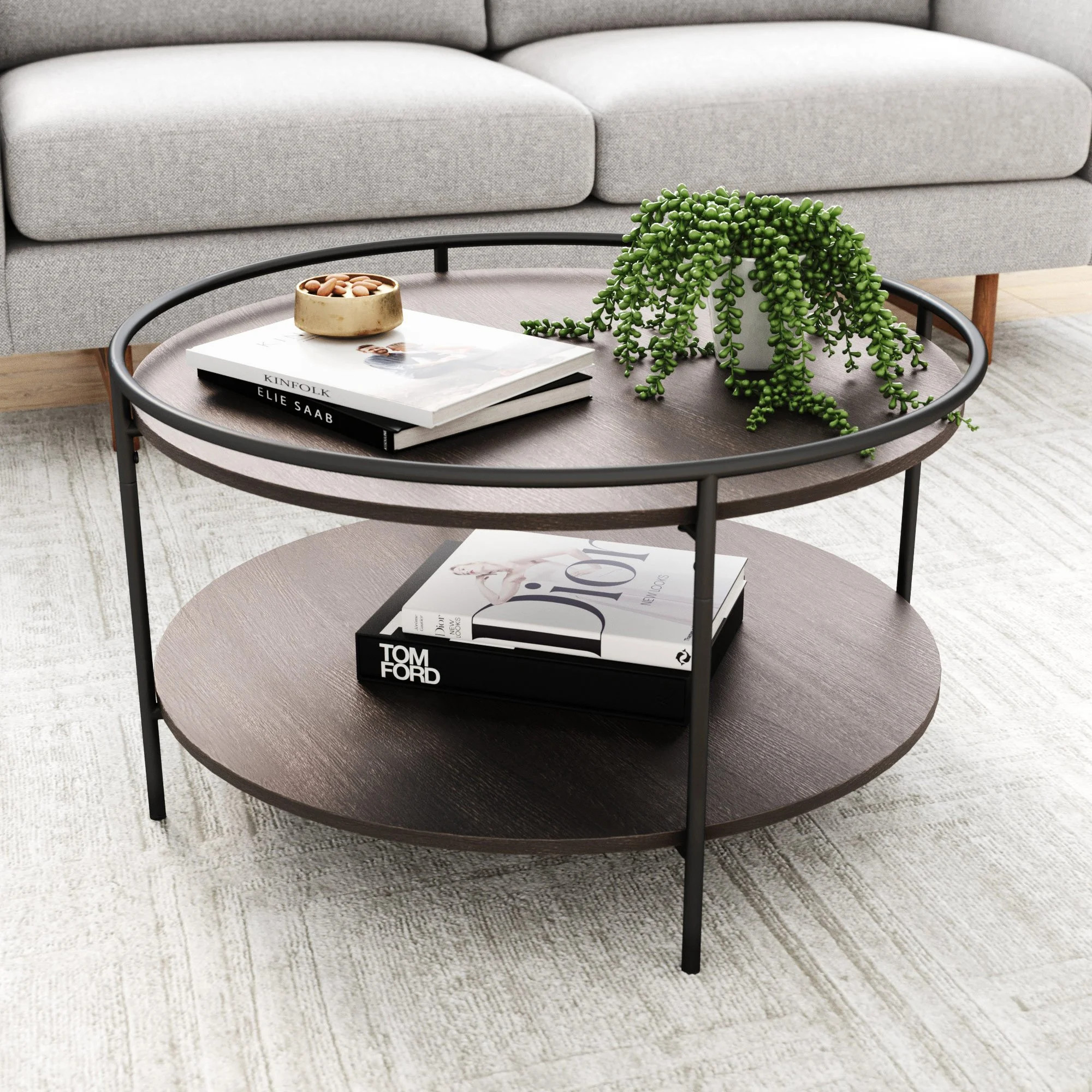 Nathan James Paloma Round Coffee Table for Tea or Cocktail 2-Tier Minimalist Tray Top Edge, Dark ... | Walmart (US)