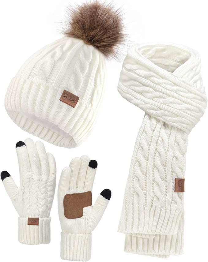 Remifa Winter Hat Scarf Gloves Set for Women, 3 PCS Pom Pom Beanie Hat Touchscreen Glove Long Nec... | Amazon (US)