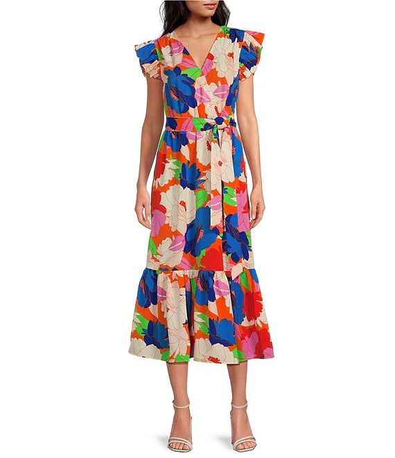 Floral V Neckline Flutter Cap Sleeve Midi Dress | Dillard's