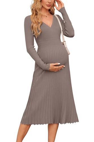 OUGES Womens Maternity Dresses for Photoshoot Long Sleeve Baby Shower Formal Sweater Pleated Midi Work Dress Maternity Clothes Fall Fashion 2025(Coffee,XXL) | Amazon (US)
