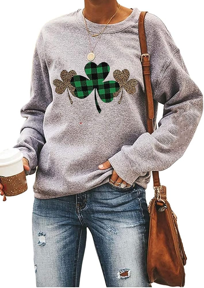 Ykomow St Patricks Day Sweatshirt Women Long Sleeve Leopard Shamrock St. patricks Shirts Tees | Amazon (US)